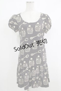 画像1: Emily Temple cute / カップケーキ＆スプーンプリントカットソーワンピース  チャコールグレー H-25-10-16-1024-ET-OP-KB-ZH