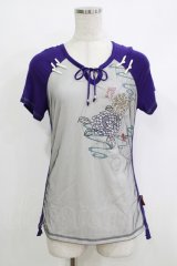 Ozz oneste / メッシュ重ね配色カットソー  パープル×グレー H-25-10-17-1062-OO-TO-KB-ZT159