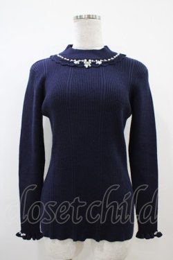 画像1: axes femme / ビジューボトルネックリブプルオーバー M ネイビー H-25-10-18-1059-AX-TO-NS-ZH
