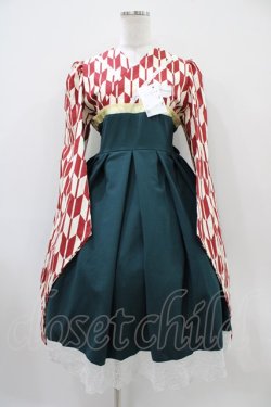 画像1: marcHenTica / セミオーダーワンピース プリンセスサイズ/丈-15cm えんじ矢絣/グリーン H-25-10-18-1021-LO-OP-NS-ZH