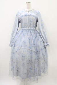 axes femme / スイートピー柄チュールワンピース M サックス H-25-10-24-1039-AX-OP-NS-ZH