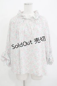 Jane Marple Dans Le Salon / Lawn Liberty Bubble Sleeve Blouse  オフ×ピンク×ブルー H-25-10-27-033-JM-BL-KB-ZH