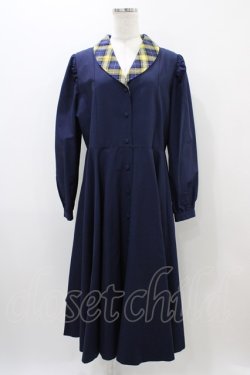 画像1: Perla nell' ostrica / ショールカラージャケットワンピース L ネイビー×?チェック H-25-11-01-1036-EL-OP-KB-ZH