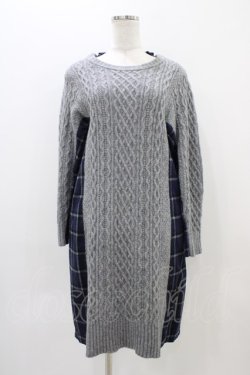 画像1: Jane Marple Dans Le Salon / アランニットとシャギーチェックのドレス  グレー×ネイビー H-25-11-01-1018-JM-OP-KB-ZH