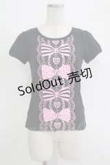 Angelic Pretty / グリッターリボンレースプリントTシャツ Free ブラック/ピンク H-25-11-02-1065-AP-TS-NS-ZH