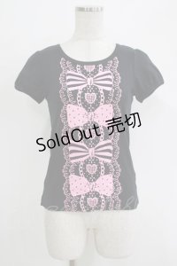 Angelic Pretty / グリッターリボンレースプリントTシャツ Free ブラック/ピンク H-25-11-02-1065-AP-TS-NS-ZH