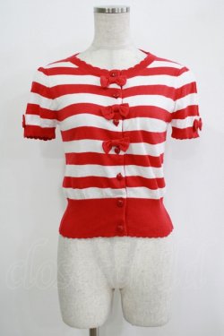 画像1: Angelic Pretty / リボンボーダー半袖ニットカーディガン Free レッド H-25-11-02-1068-AP-TO-NS-ZH