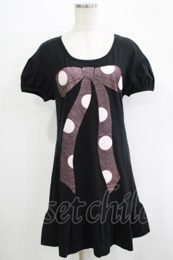 画像1: Emily Temple cute / ドットリボンプリントカットソーワンピース  黒 H-25-11-03-030-ET-OP-KB-ZH