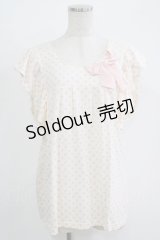 Emily Temple cute / フリルノースリーブカットソー  オフ×ピンクドット H-25-11-03-056-ET-TO-KB-ZH