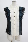 axes femme / 配色フリルノースリブラウス M オフ/ブラック/グリーン H-25-11-06-051-AX-BL-NS-ZH