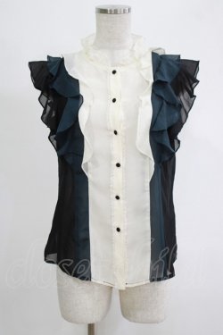 画像1: axes femme / 配色フリルノースリブラウス M オフ/ブラック/グリーン H-25-11-06-051-AX-BL-NS-ZH