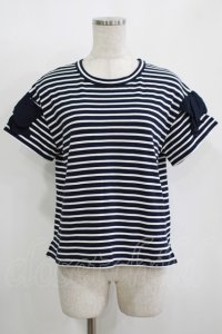 Jane Marple Dans Le Salon / マリンボーダーとリボンスリーブのプルオーバー  ネイビー H-25-11-12-038-JM-TO-KB-ZT369