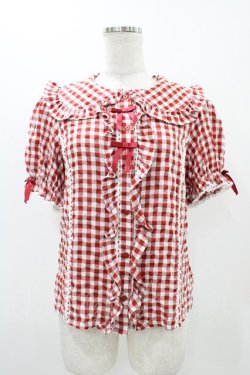 画像1: axes femme kawaii / ギンガムチェック半袖ブラウス M レッド H-25-11-12-1054-AX-BL-NS-ZH