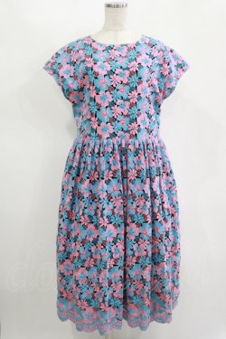画像1: Jane Marple Dans Le Salon / Flower embroideryタブリエドレス  Sky blue×Pink H-25-11-12-014-JM-OP-KB-ZH