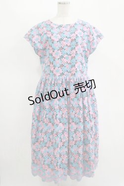 画像1: Jane Marple Dans Le Salon / Flower embroideryタブリエドレス  Sky blue×Pink H-25-11-12-014-JM-OP-KB-ZH