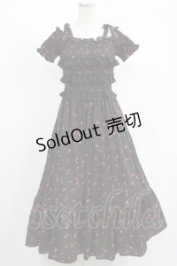 Ank Rouge / Cherryシャーリングロングワンピース M ブラック H-25-11-15-1016-CA-OP-NS-ZH