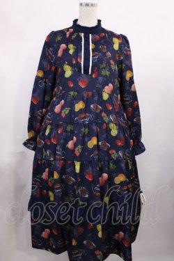 画像1: axes femme / フルーツティ柄ティアードワンピース M ネイビー H-25-11-15-011-AX-OP-NS-ZH