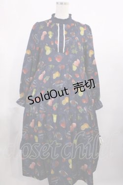 画像1: axes femme / フルーツティ柄ティアードワンピース M ネイビー H-25-11-15-011-AX-OP-NS-ZH