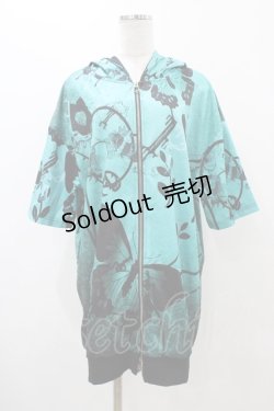 画像1: NieR Clothing / 総柄ZIP半袖パーカー  グリーン H-25-11-19-1039-PU-TO-KB-ZH