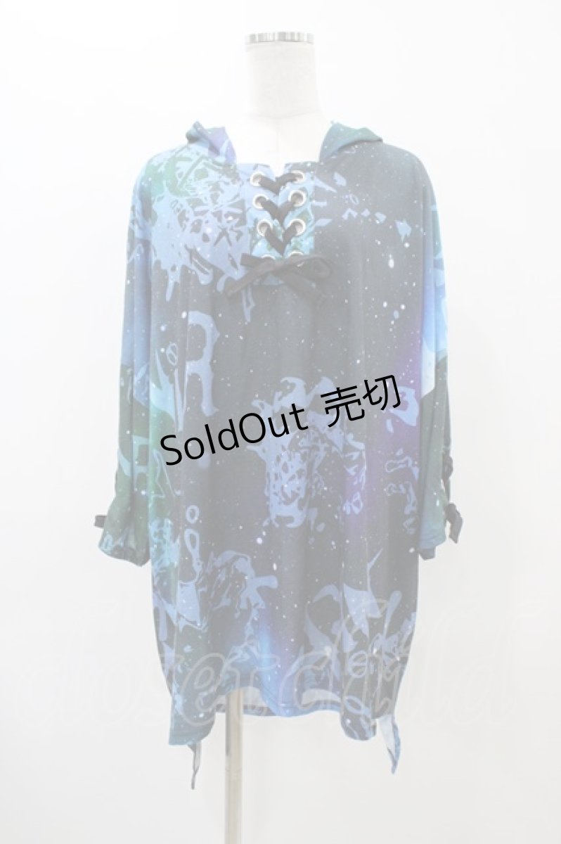 画像1: 【SALE】NieR CLOTHING / 総柄レースアッププルパーカー  青 H-25-11-19-1041-PU-TO-KB-ZH (1)