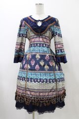 Ozz oneste / プリントベロアワンピース  ネイビー H-25-11-19-1018-OO-OP-KB-ZH