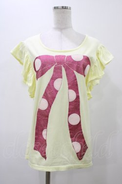 画像1: Emily Temple cute / ドットリボンプリントフリルノースリーブカットソー  イエロー H-25-11-19-1030-ET-TO-KB-ZH