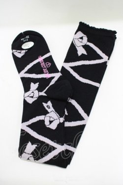 画像1: BABY,THE STARS SHINE BRIGHT / レースアップリボン柄オーバーニーソックス  ブラック/ピンク H-25-11-19-068-BA-ZA-NS-ZH