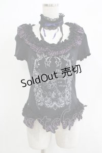 FRILL / ストライプフリルチョーカー付カットソー  ブラック H-25-11-21-1063-HN-TO-KB-ZH