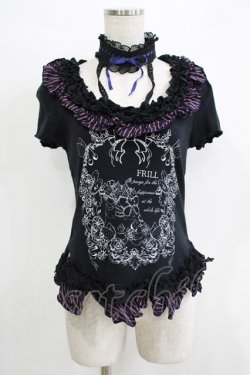 画像1: FRILL / ストライプフリルチョーカー付カットソー  ブラック H-25-11-21-1063-HN-TO-KB-ZH