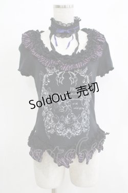 画像1: FRILL / ストライプフリルチョーカー付カットソー  ブラック H-25-11-21-1063-HN-TO-KB-ZH