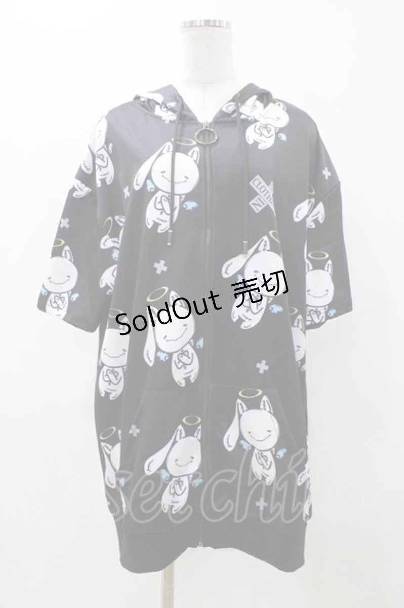 画像1: 【SALE】NieR CLOTHING / 総柄ZIP半袖パーカー  ブラック H-25-11-23-048-PU-TO-KB-ZT471 (1)