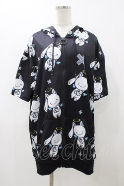 画像1: NieR Clothing / 総柄ZIP半袖パーカー  ブラック H-25-11-23-048-PU-TO-KB-ZH