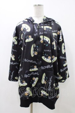 画像1: NieR Clothing / 総柄ZIP半袖パーカー  ブラック H-25-11-23-049-PU-TO-KB-ZH