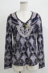 Rozen Kavalier / ビジュー付総柄カットソー  ブルーグレー H-25-11-25-054-OO-TO-KB-ZH