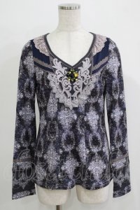 Rozen Kavalier / ビジュー付総柄カットソー  ブルーグレー H-25-11-25-054-OO-TO-KB-ZH