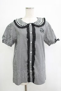 NieR Clothing / ギンガムチェックパフブラウス F 黒×白 H-25-11-25-024-PU-BL-KB-ZT466