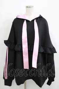 ililil / 垂れ耳うさぎフリルプルオーバージャージパーカー FREE 黒×ピンク H-25-11-26-031-PU-TO-KB-ZH