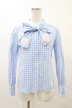 画像1: Nile Perch / ギンガムチェックリボンブラウス Free サックス H-25-11-26-1052-LO-BL-NS-ZH