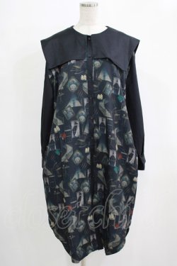 画像1: DXMOUVE / 亡霊の館柄スクエアカラーシャツワンピース  ブルー H-25-11-28-014-PU-OP-KB-ZH