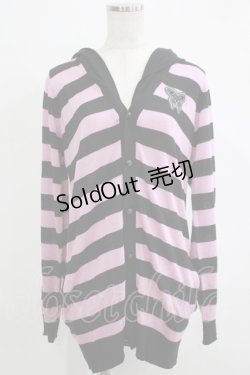 画像1: ALGONQUINS / フード付きボーダーニットカーディガン F 黒×ピンク H-25-12-03-071-AL-TO-KB-ZH