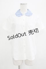 Jane Marple / ギンガムカラー半袖ブラウス M オフ×ブルー H-25-12-06-051-JM-BL-KB-ZH