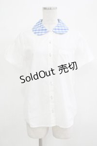Jane Marple / ギンガムカラー半袖ブラウス M オフ×ブルー H-25-12-06-051-JM-BL-KB-ZH