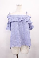 franche lippee black / ストライプフリルブラウス M ブルー H-25-12-06-1027-LO-BL-NS-ZH
