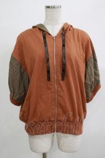 画像1: 【SALE】NieR CLOTHING / チェック切替半袖パーカー  茶 H-25-12-06-059-PU-TO-KB-ZH (1)