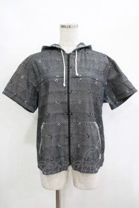 PINK HOUSE / ベアー織りフードジップ半袖シャツ M グレー H-25-12-10-042-LO-BL-NS-ZH