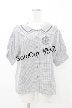 画像1: NieR CLOTHING / エンブレム刺繍ギンガムパフブラウス  ブラック H-25-12-12-041-PU-BL-KB-ZT363