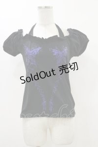 BPN / ホルターリボンパフカットソー  黒×紫 H-25-12-17-052-GO-TO-KB-ZH
