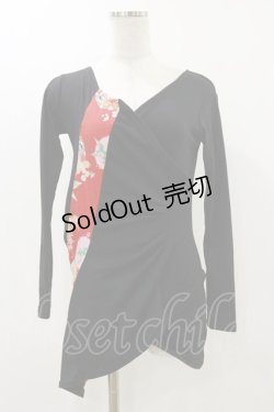 画像1: gouk / 和柄切替アシメタックカットソー  ブラック H-25-12-17-064-GO-TO-KB-ZH
