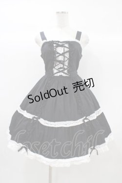 画像1: Angelic Pretty / レースアップジャンパースカート Free ブラック H-25-12-21-1034-AP-OP-NS-ZH
