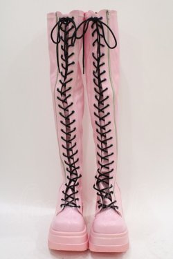 画像1: Demonia / レースアップロングブーツ US9(25.0〜25.5cm) ピンク H-25-12-26-010-PU-SH-KB-ZH